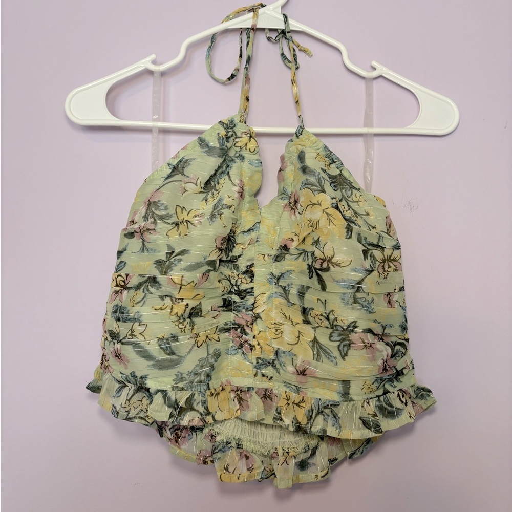 American Eagle Green Floral Halter Crop Top